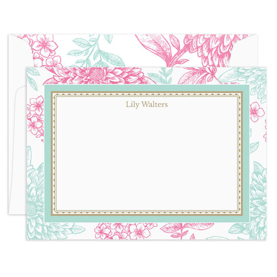 Mint & Raspberry Pom Poms Flat Note Cards